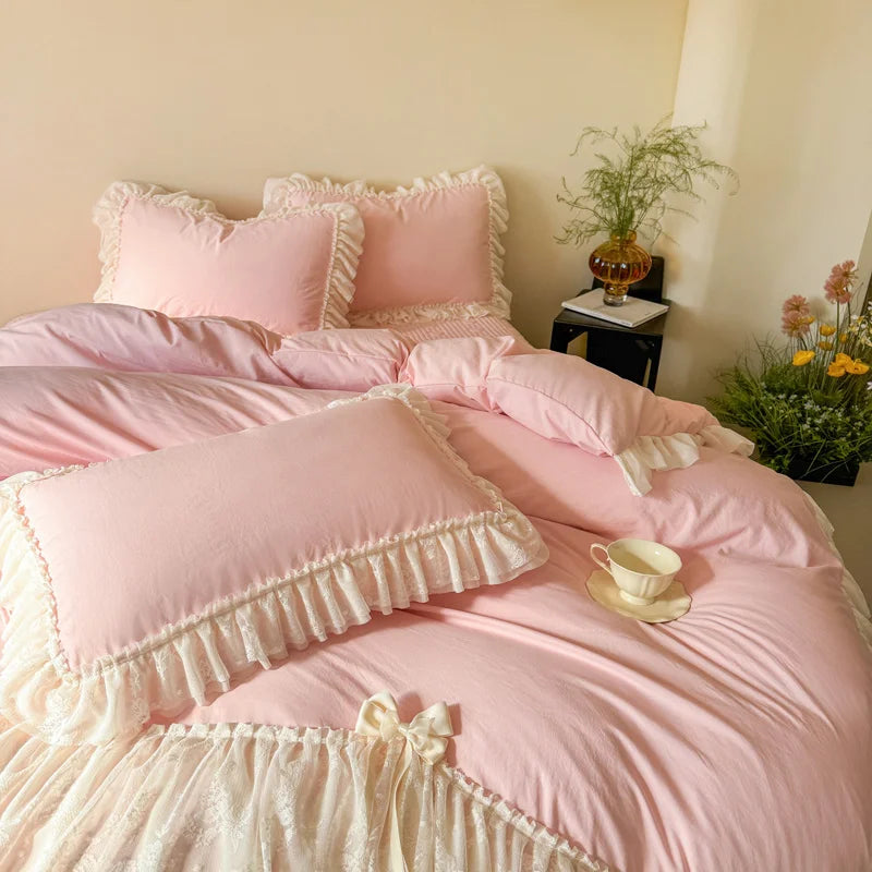 Princess Lace Bow Bedding Set Sweet Girl Chiffon Ruffles Duvet Cover Bed Sheet Pillowcase