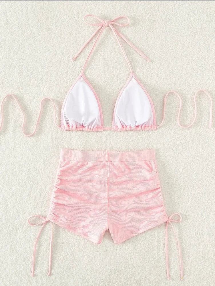 Pink Neck Hanging Sexy Pink Swimsuit 2 Piece Set Halter Bikini Top Knot On The Edge Bikini Bottom Bathing Suit