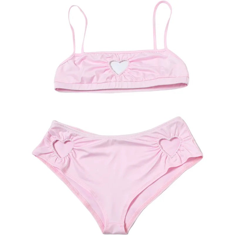 Women Sweet Pink Hollowed-out Heart Two Piece Set