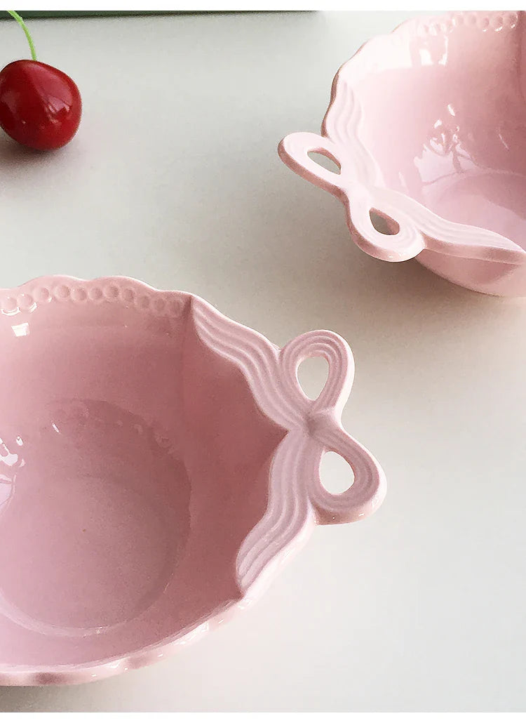 Porcelain Bowl Cute Hollow Out Bow Relief Solid Color Ceramic Dinnerware
