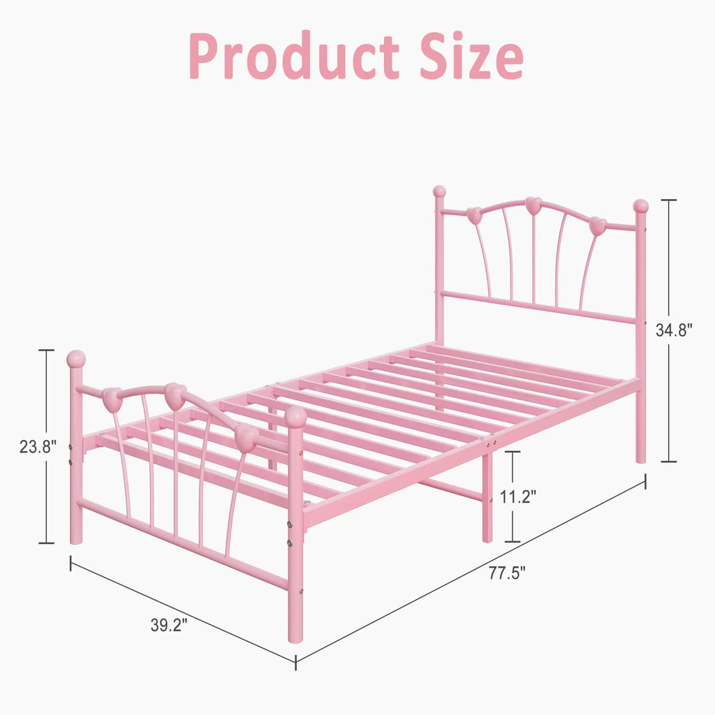 Twin Size Bed Frame, Heart Shaped Metal Bed Frame with Headboard and Footboard, Platform Bed Frame with Sturdy Slat Support