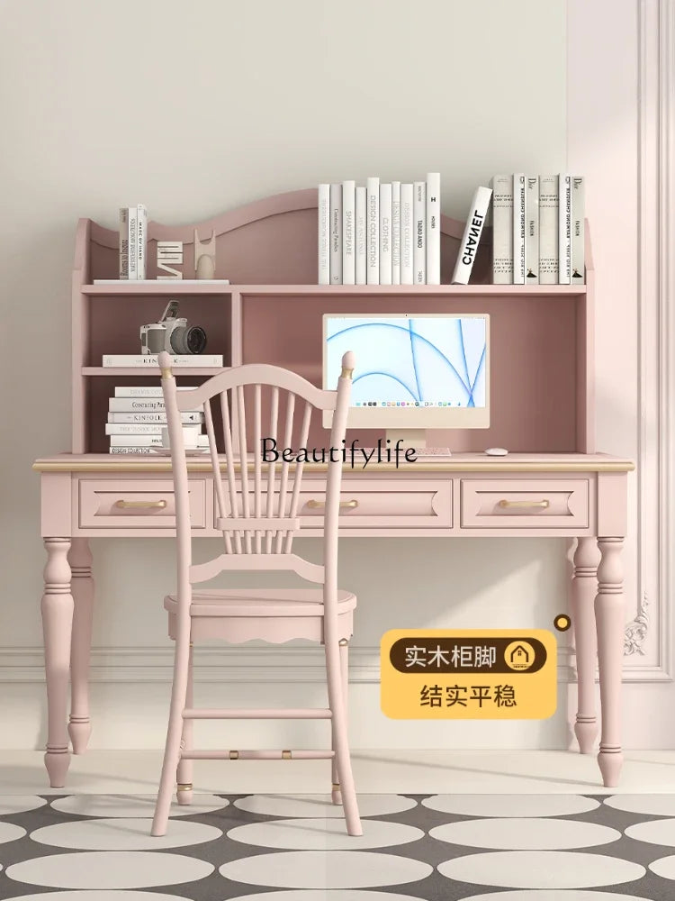 Minimalist Light Luxury Pink Writing Table with Bookshelf, Living Room Study Table and Chair Combination in Oak and Walnut.