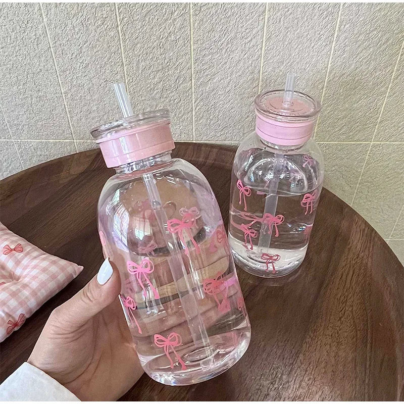 Cute Bow Plastic Bottle Ice With Straw Lid Sweet High-value Bow Cup Portable Cup