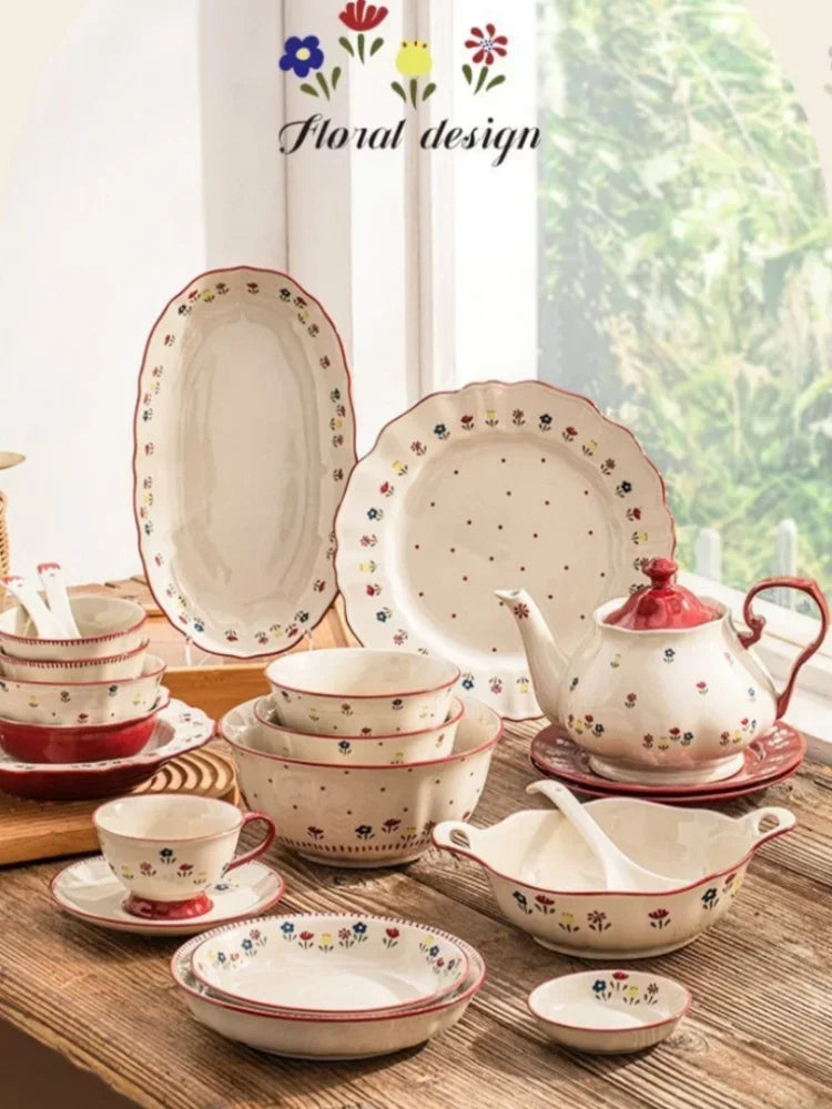Floral Pattern Soup Bowl Salad Bowl Dish Oval Plate Pastoral Style Dinnerware Table Decoration Kitchen Gadgets Ceramic Tableware