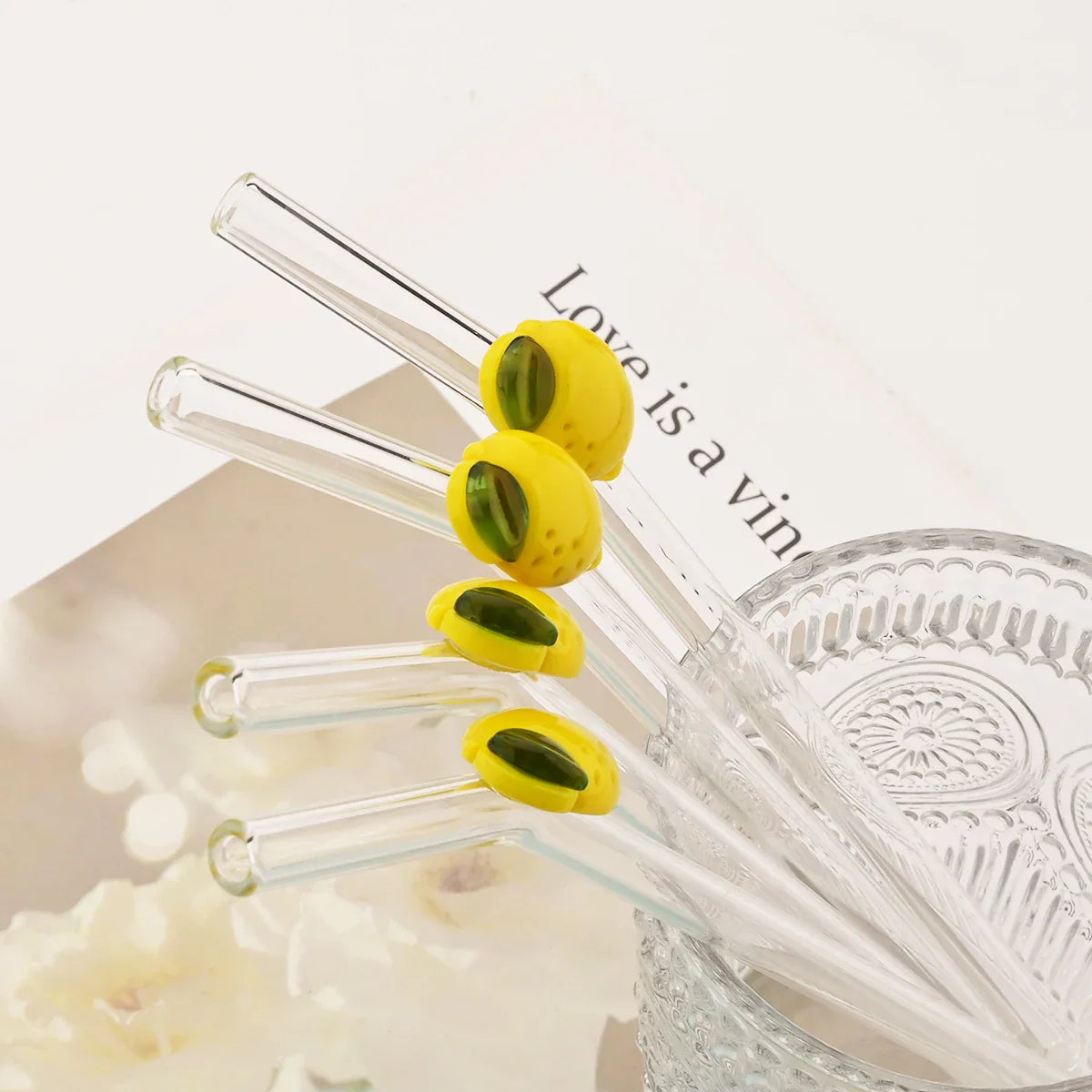 Lemon Glass Bent Straw Set with Brush 2/4/6/8pcs Drinkware