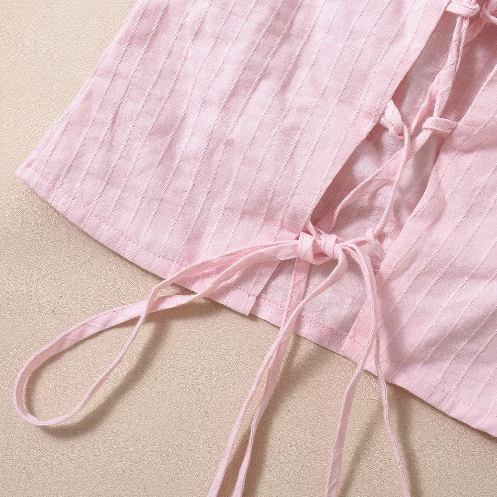 Stripe Crop Backless Halter Lace-Up Tank Top Woven Solid Color Chic Summer Sleeveless Slim Blouse Vest