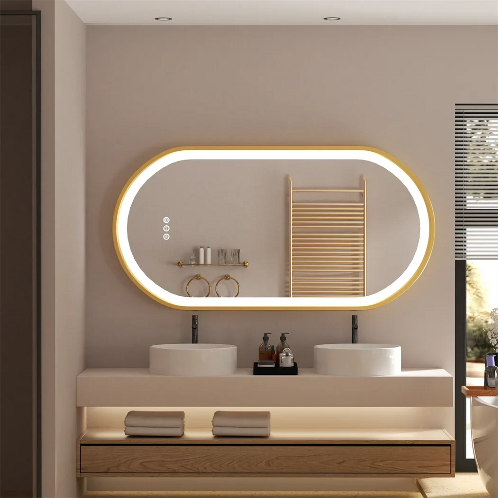 Luxury Oval Led Illuminated Bathroom Mirror Gold Aluminum Frame with Demister Pad