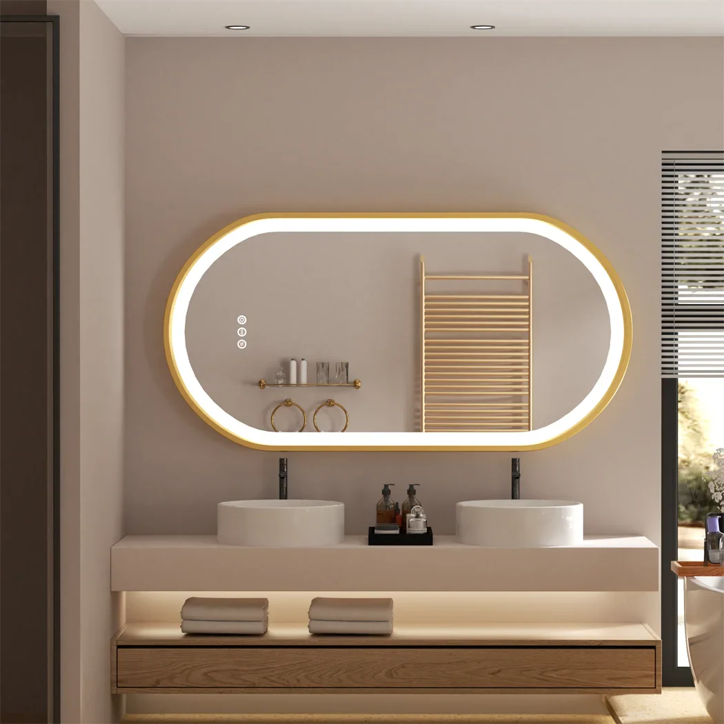 Luxury Oval Led Illuminated Bathroom Mirror Gold Aluminum Frame with Demister Pad