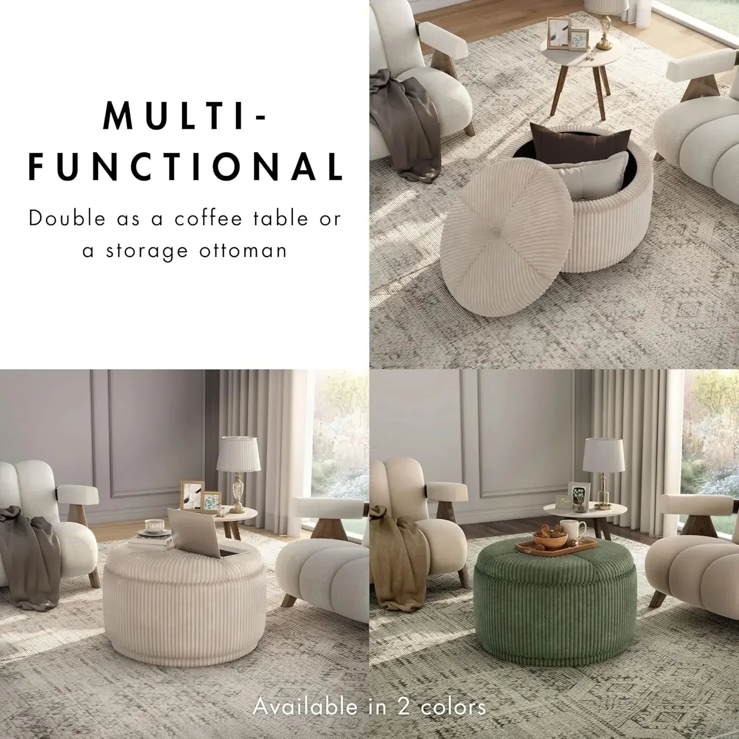 Modern Chenille 29-inch Round Storage Ottoman with Flip Top, Upholstered Footstool, Circle Coffee Table