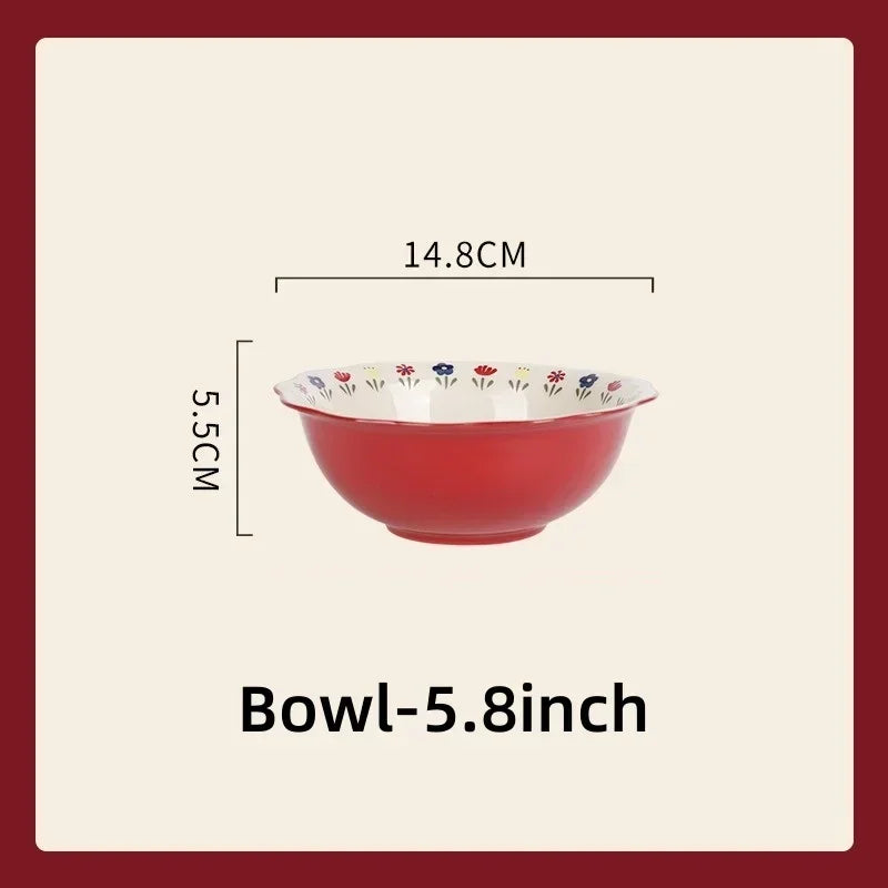 Floral Pattern Soup Bowl Salad Bowl Dish Oval Plate Pastoral Style Dinnerware Table Decoration Kitchen Gadgets Ceramic Tableware