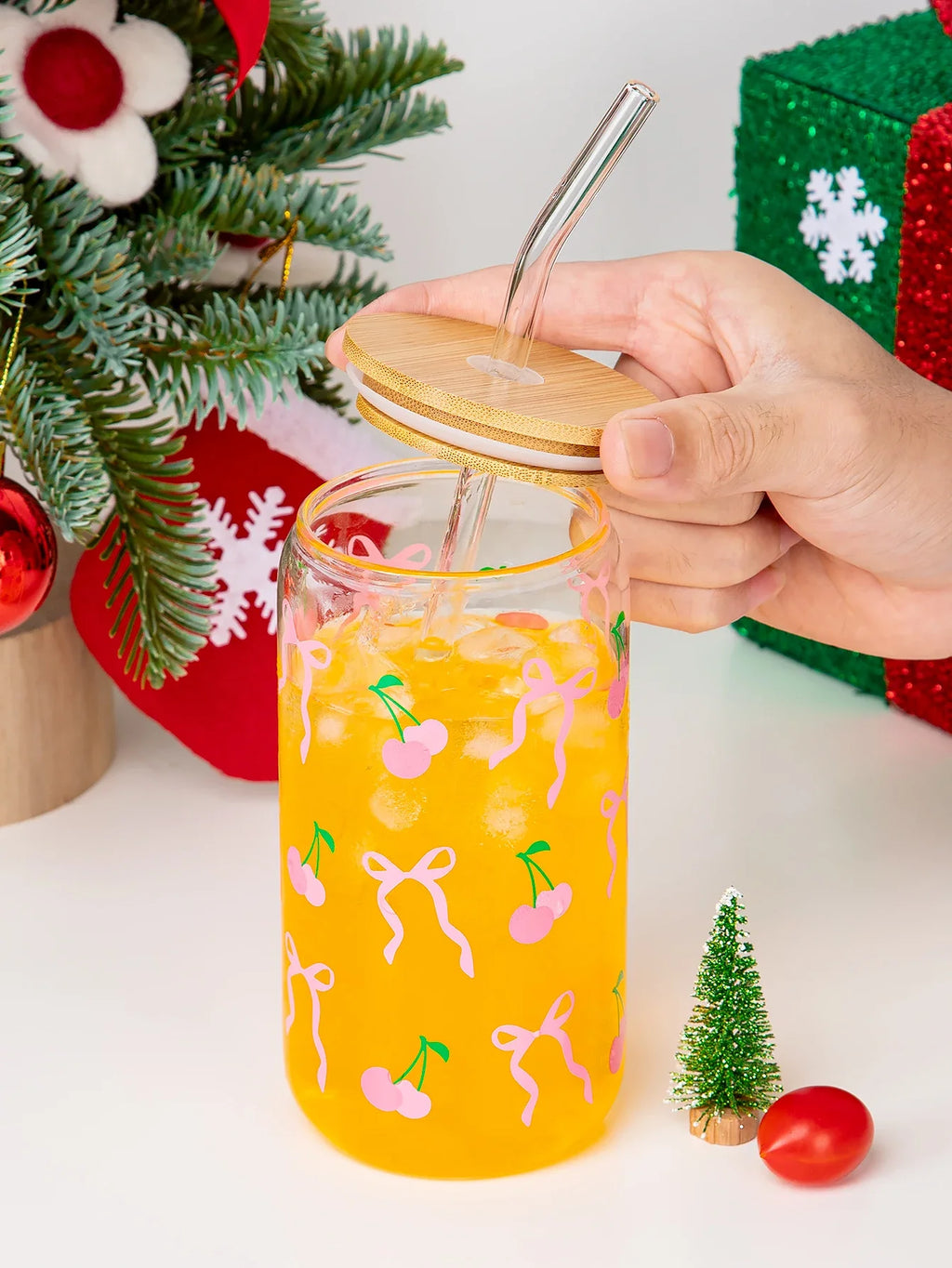 Cute Bow Glass Cup Love Cherry Bow Pattern With Lids & Straw 500ml