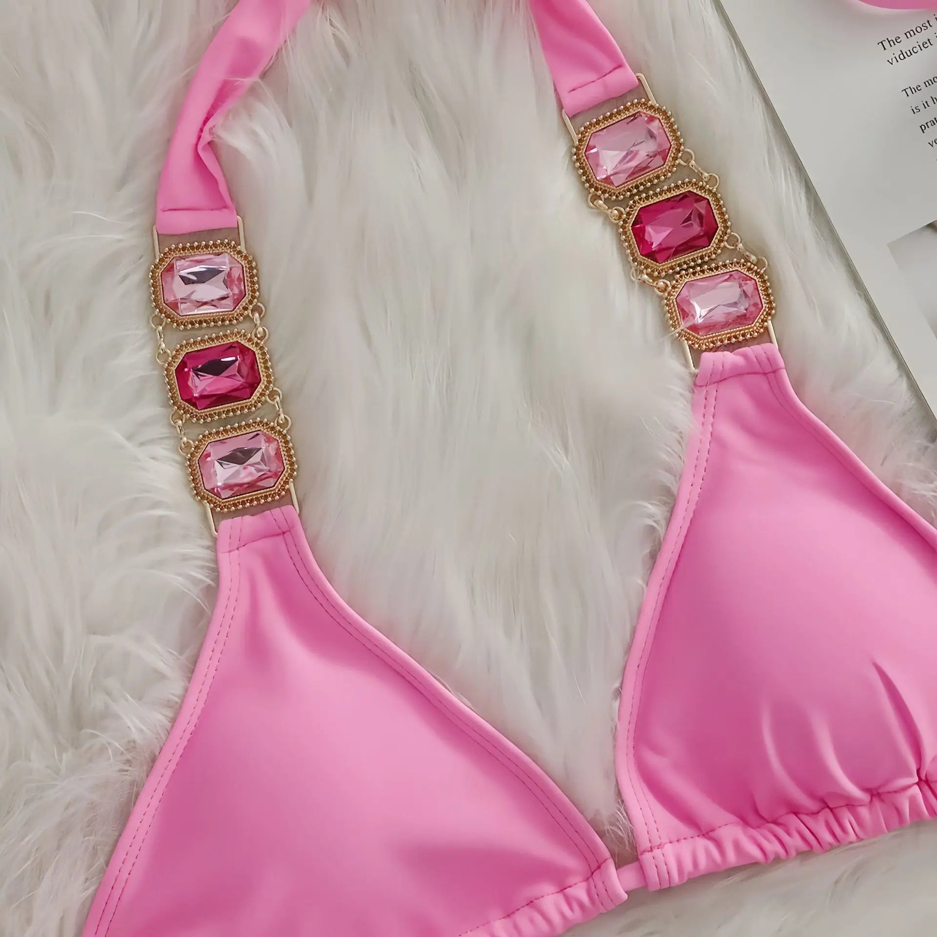Sexy Rhinestone Bikini Set Women Luxury Pink Crystal Diamond Push Up Bandage Thong Swimsuit