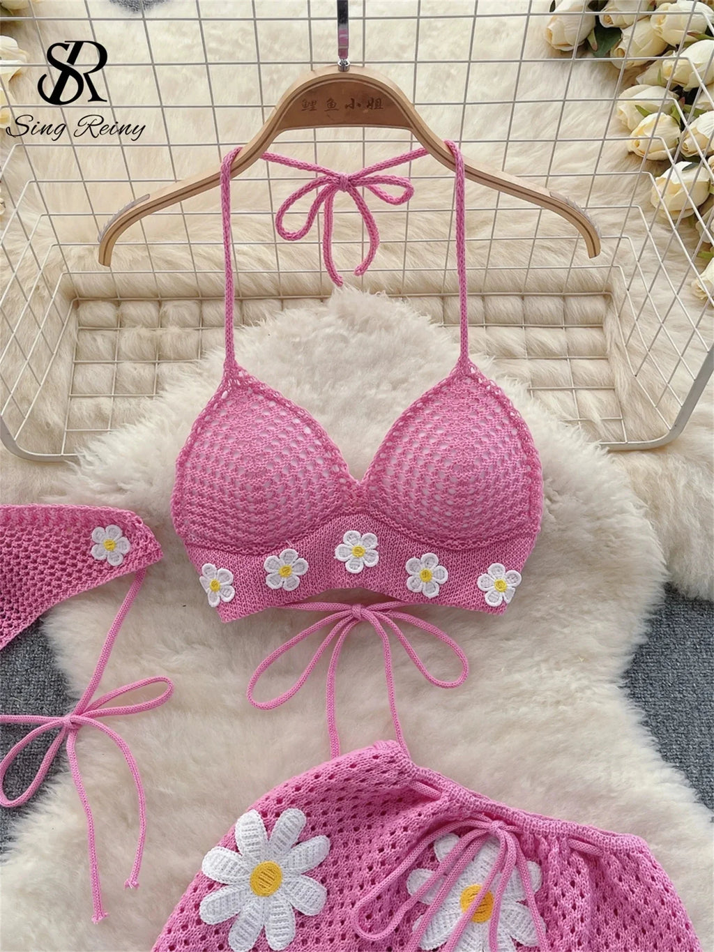 Hollow Out Knitted Suits Women Halter Lace Up Bow Backless Tank Top+Drawstring Split Mini Skirt Two Pieces Sets