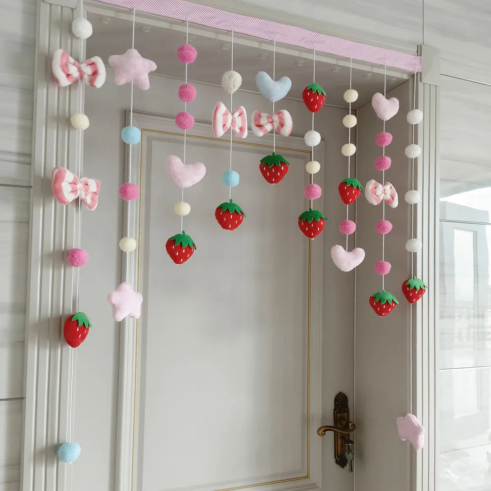 Pink Kawaii Doorway Curtains Plush Strawberry Ball Door Curtain Pendant Melody Bedroom Partition Window Valance Decor Christmas