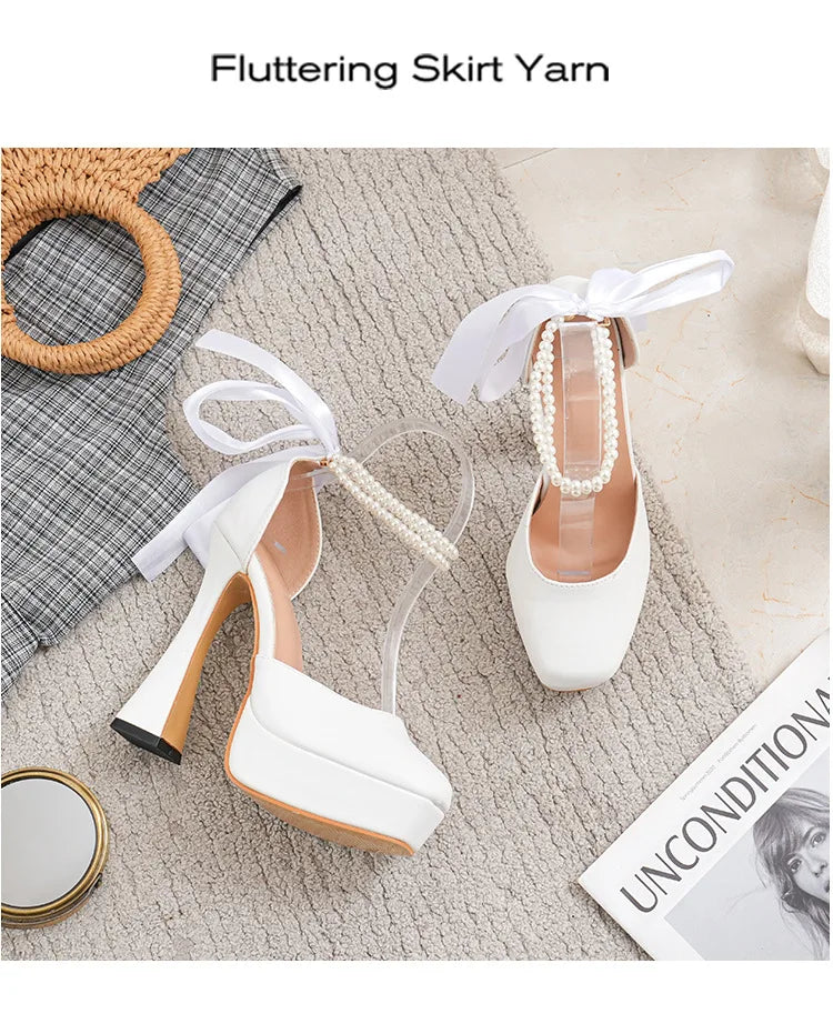 Fashion Super High Heels Sandals Bow Buckle Square Head Heels Ladies Shoes