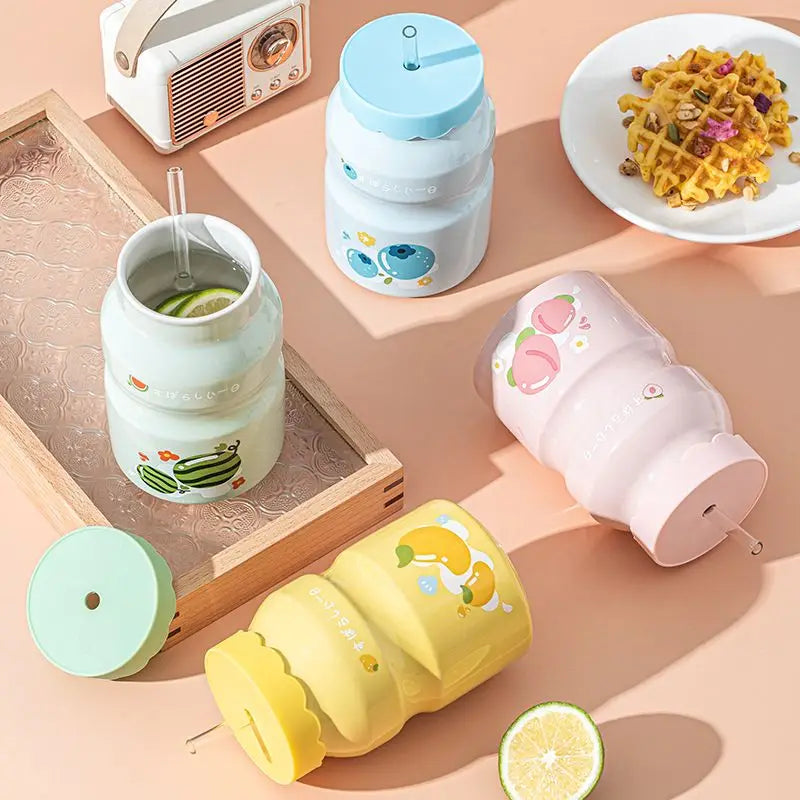 Fruit Pattern 500ML Beverage Cups with Lids and Straws