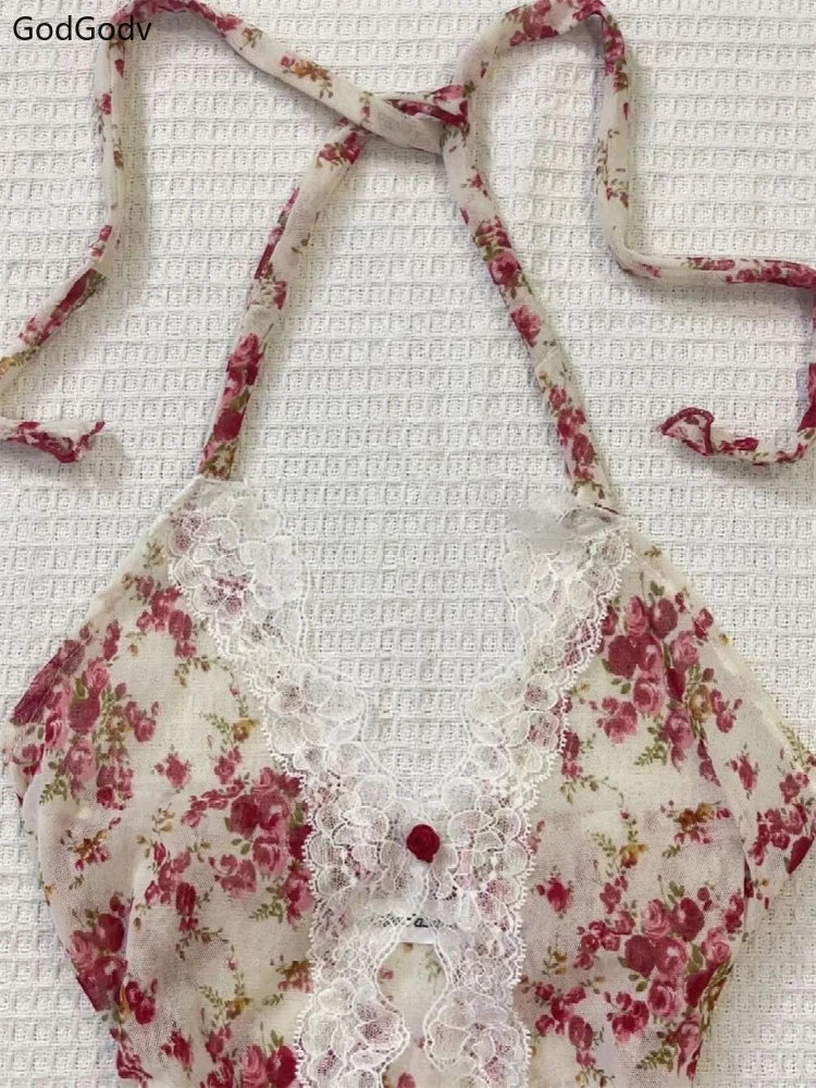 Summer Woman Floral Halter Lace Blouse Vintage Sexy Slim Fit Fairy Tops Outfits Elegant Style