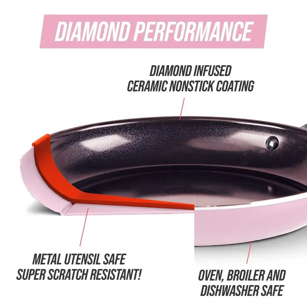 Nonstick Diamond Ceramic Cookware Set Pink Pot Pan Stockpot Frypan Utensils Ladle