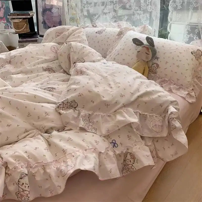 Princess Floral Bedding Set Washed Cotton Vintage French Flowers Lace ruffles Duvet Cover Set Pillowcase