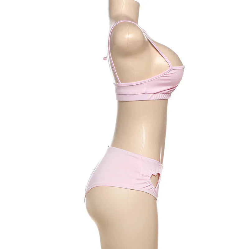 Women Sweet Pink Hollowed-out Heart Two Piece Set