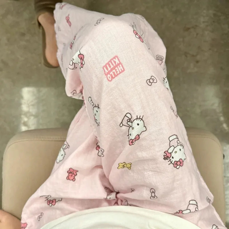 Sanrio Hello Kitty Pure Cotton Pajama Pants Wide Kawaii Kitty Leg Pants Girls Summer Thin High Waist Casual Trousers