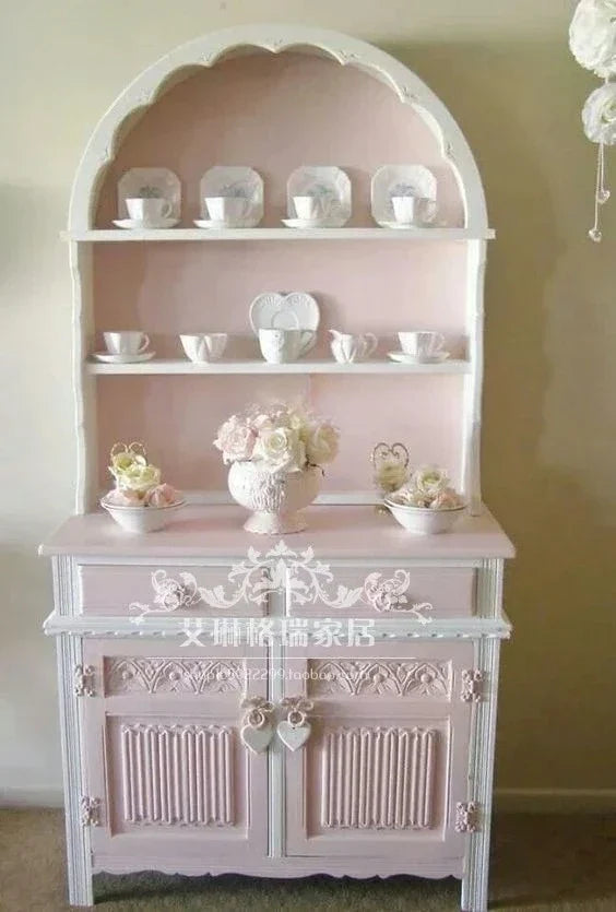 French Solid Wood Carving Flower Bookcase Dining Side Pink Princess Cabinet