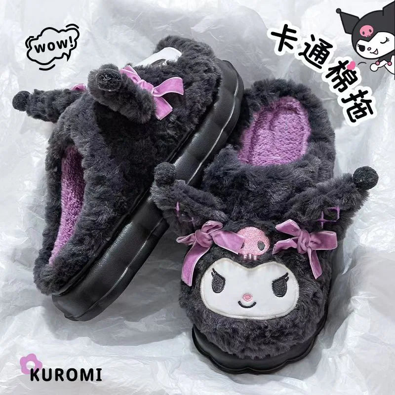 Kuromi Cotton Slippers For Women's Autumn And Winter Home Anti Slip Cute Student Cartoon Plush Cotton Shoes Thickened