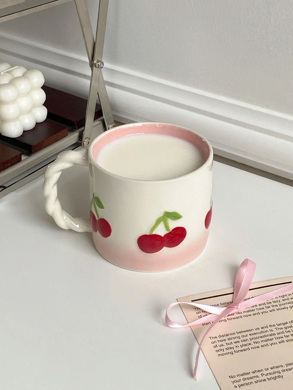 Pink Cherry Ceramic Mug, Twist Handle Ceramic Exquisite Pink Gradient Cup