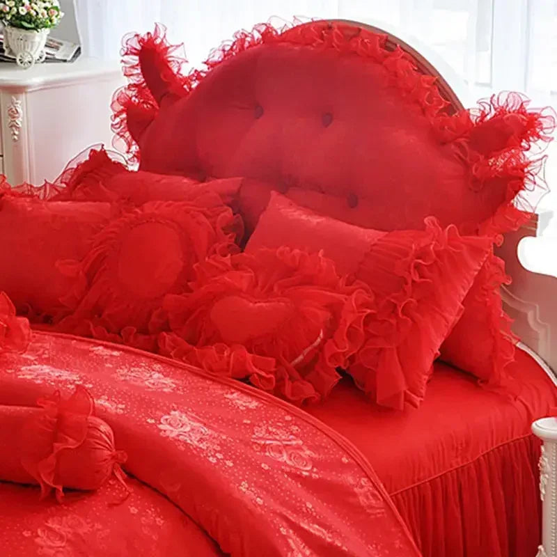 Pink Jacquard Satin Bedspread Bedding Set Luxury Princess Wedding Bed Set Lace Ruffle Duvet Cover Bed Skirt Pillowcases Cotton