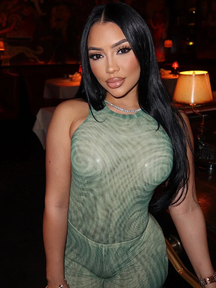 Geometric Print Patchwork 2 Piece Set Women o-Neck Skinny Bodysuit+Wide-leg Trousers Sexy Outfits