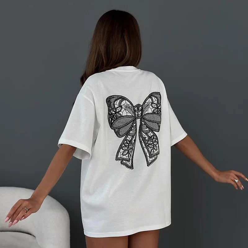 Simple Style Casual Versatile Bow Short-Sleeved T-shirt For Women O-Neck Y2K Tees Loose Tops