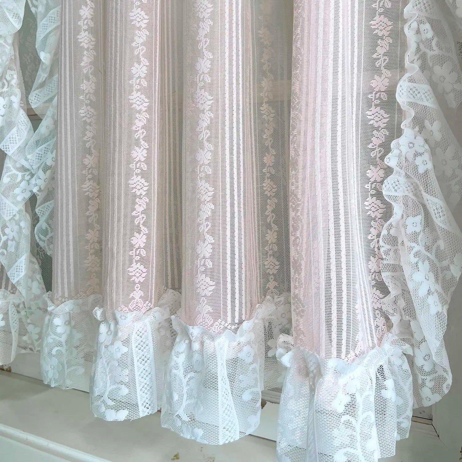 Vintage Ruffle Sheer Lace Curtain Panels for Living Room Bedroom Study Doorway Pink Floral Tulle Drapery Home Decorative