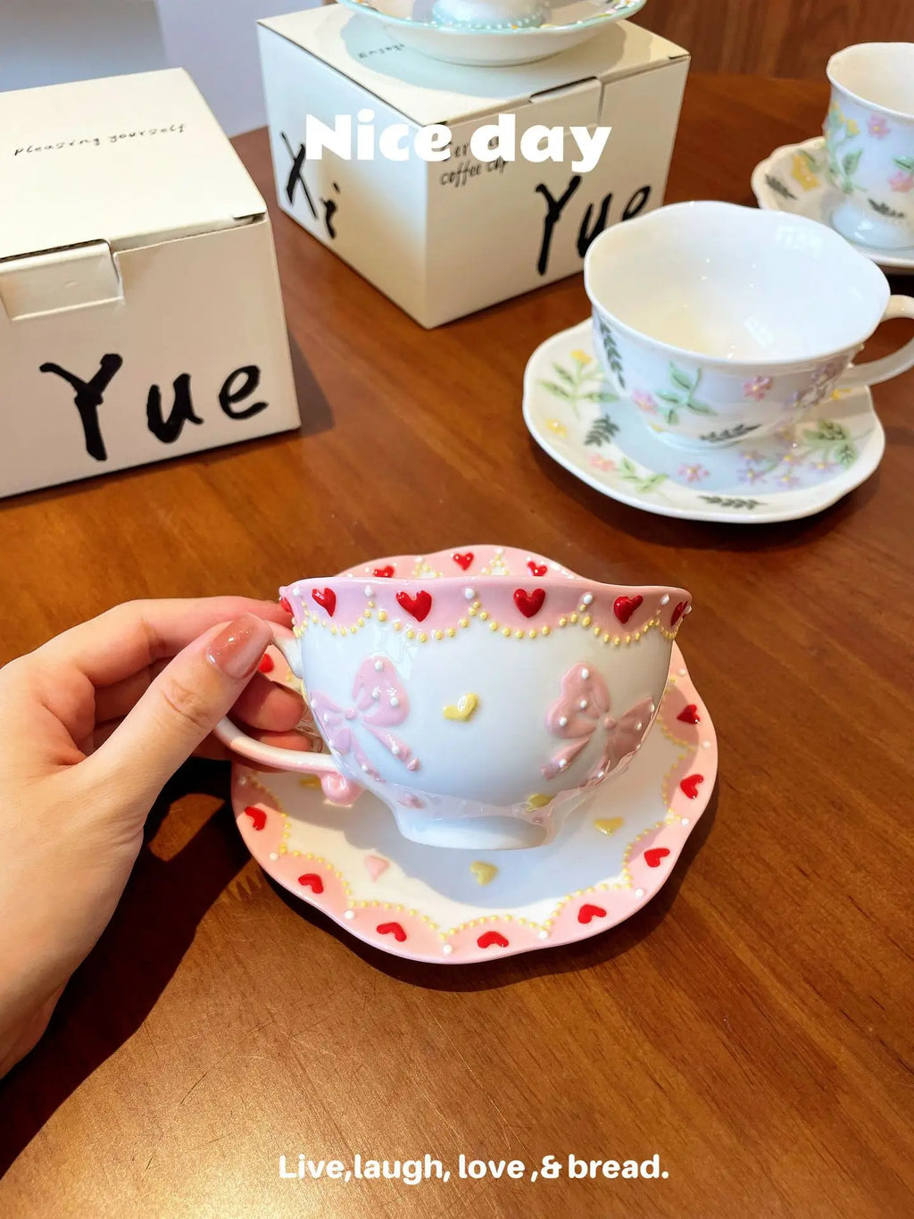 Pink Bow Ceramic Cup Saucer Set Handmade High Quality Cute Bow Breakfast Cups