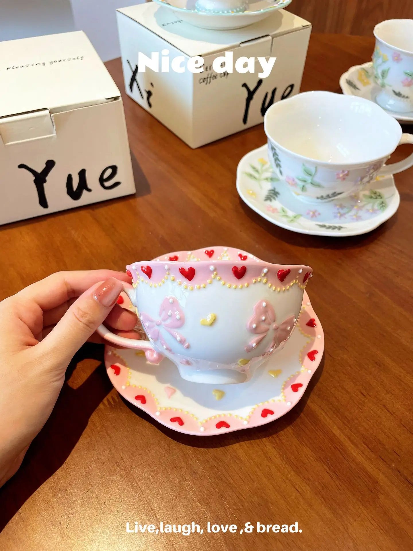 Pink Bow Ceramic Cup Saucer Set Handmade High Quality Cute Bow Breakfast Cups