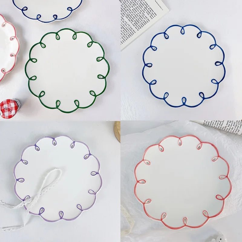 Ceramic Plate Floral Shape Solid Color Hollow Out Flat Dinnerware Afternoon Tea Cake Cookies Dessert Plates