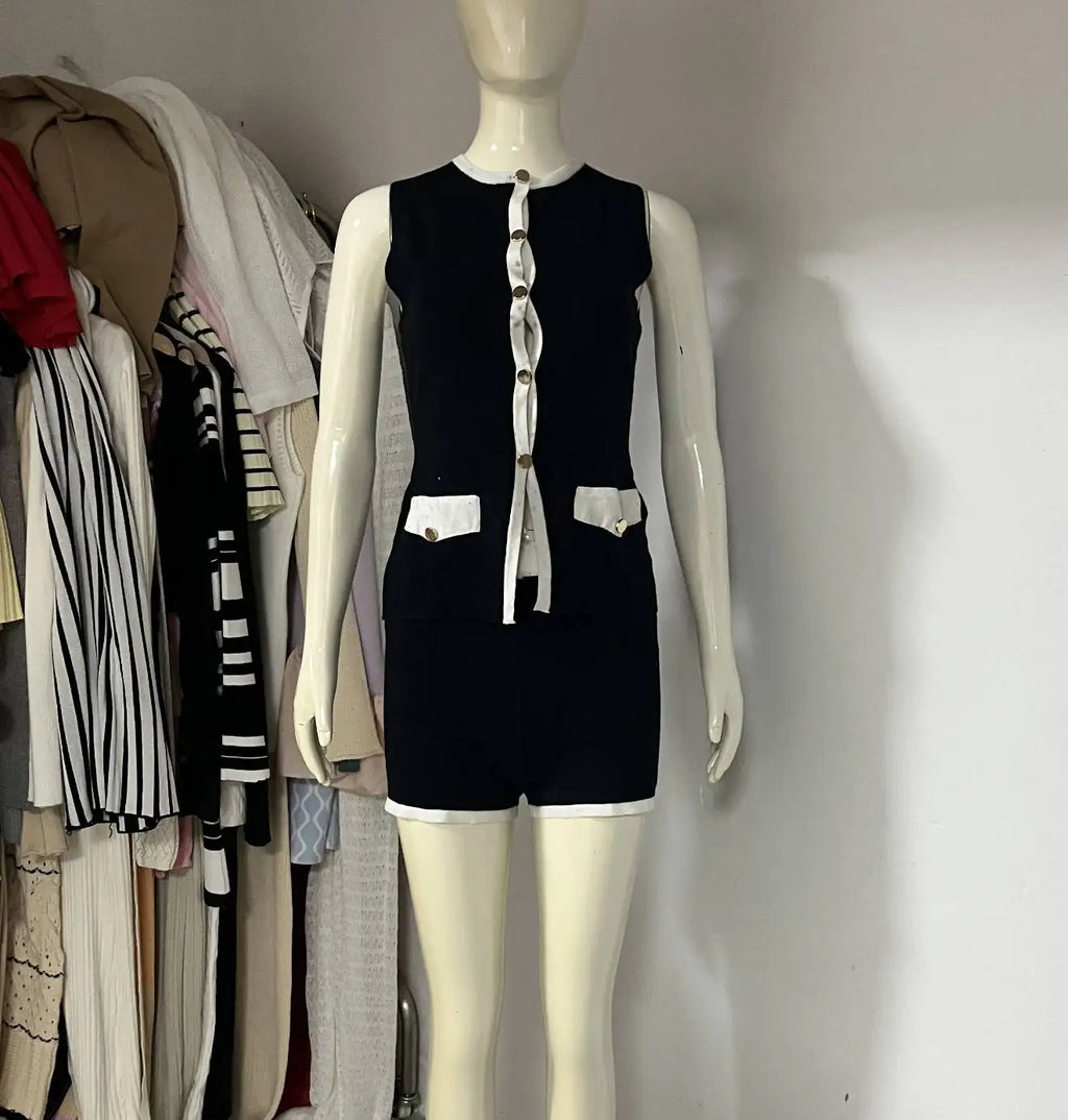 Women's Elegant Short Sets Sexy Fashion Patchwork Slim Knitted Holiday Outfits Summer Top and Mini Shorts Two Piece Set