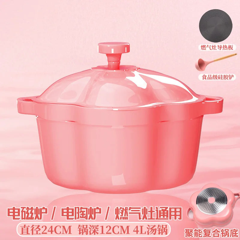 Pink Enamel Dutch Oven Non-Stick Pot Romantic Aesthetic Cooking Enameled Cast Iron Cookware Kitchen
