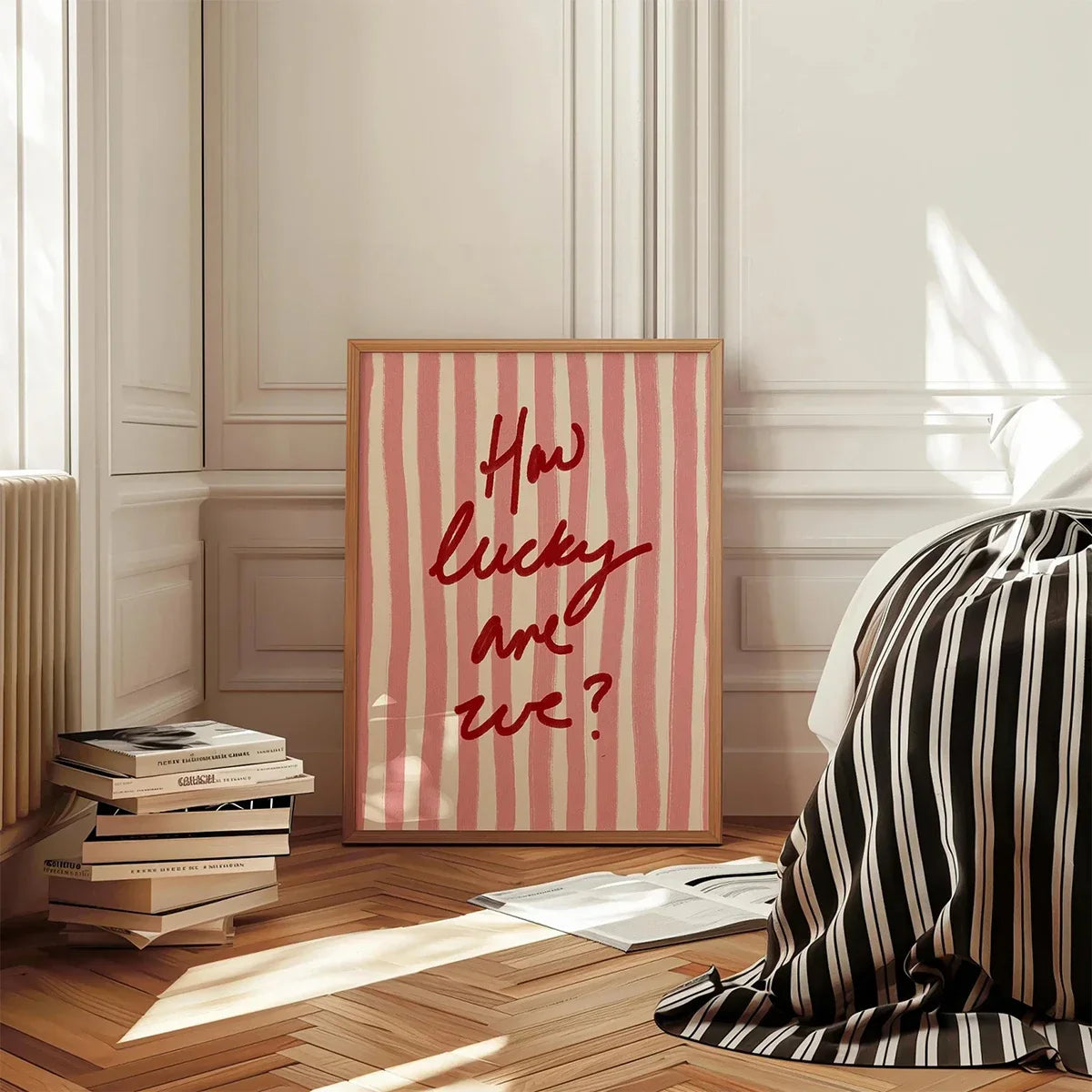 How Lucky Are We? Pink Stripes Quote Canvas Print Poster Modern Aesthetic Art Print Home Decor Art Poster