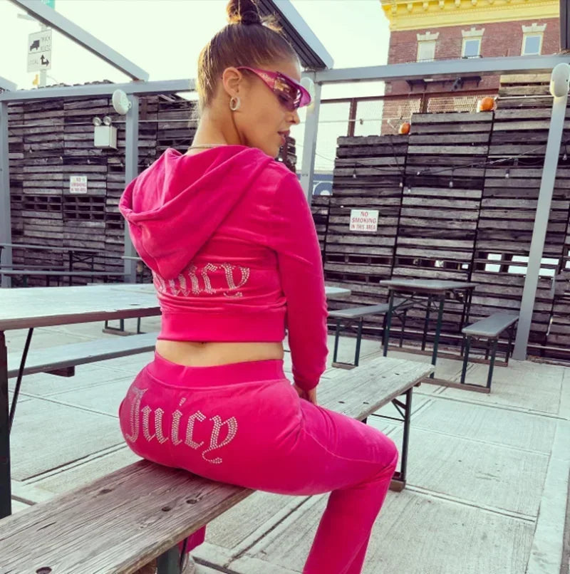 Two Piece Set Diamonds Hoodie Crop Jacket And Joggers Pants Outfits Streetwear Jogging Suits Juicy Corture Tracksuit