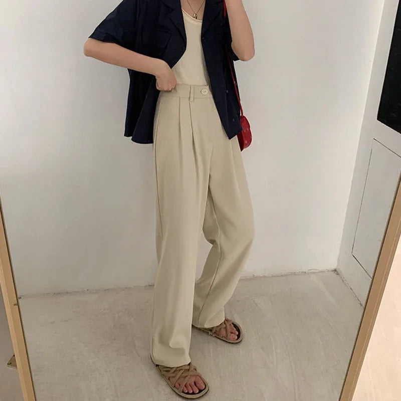 High Waist Women Suit Pants Fall Straight Office Ladies Fashion Trousers Casual Button Loose