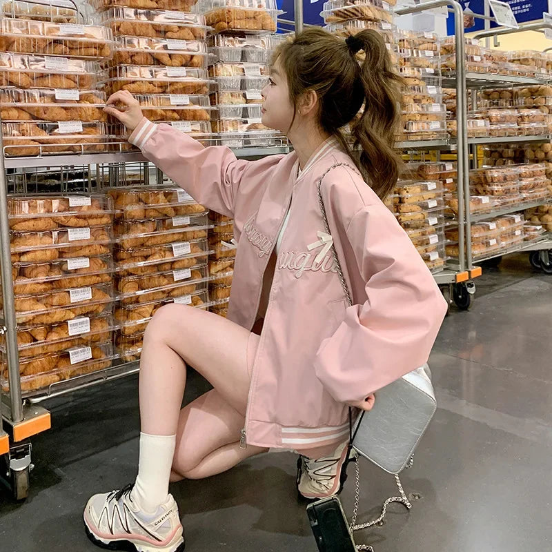 Sweet Butterfly Knot Pink Baseball Jacket Women's Spring Autumn Casual Loose Fit round Neck Full Sleeve Fashionable Coat