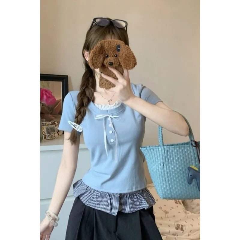 Sweet Style Fake Two-piece Bow Sweet Girl Top Short Sleeve T-shirt Slim Fit