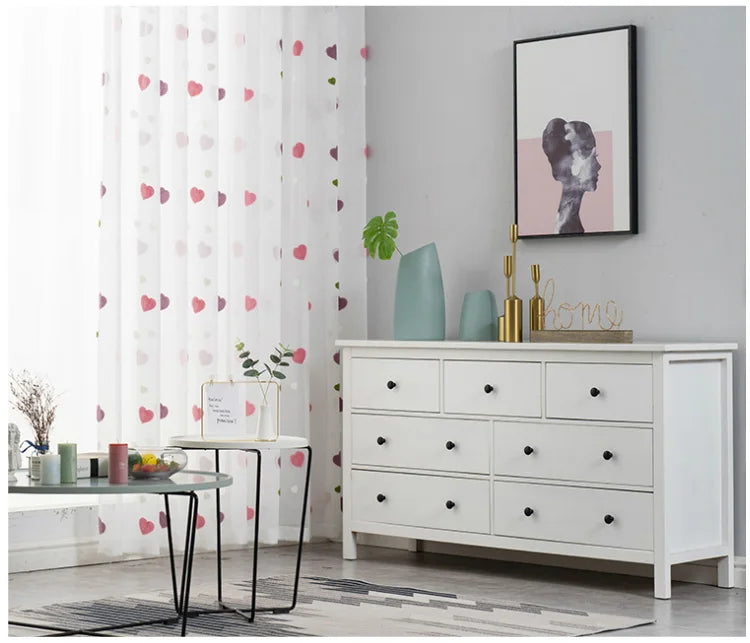 Lovely Cartoon 3D Pink Heart Embroidery Tulle For Girl Bedroom Cute Lovely Sheer Curtains Drapes