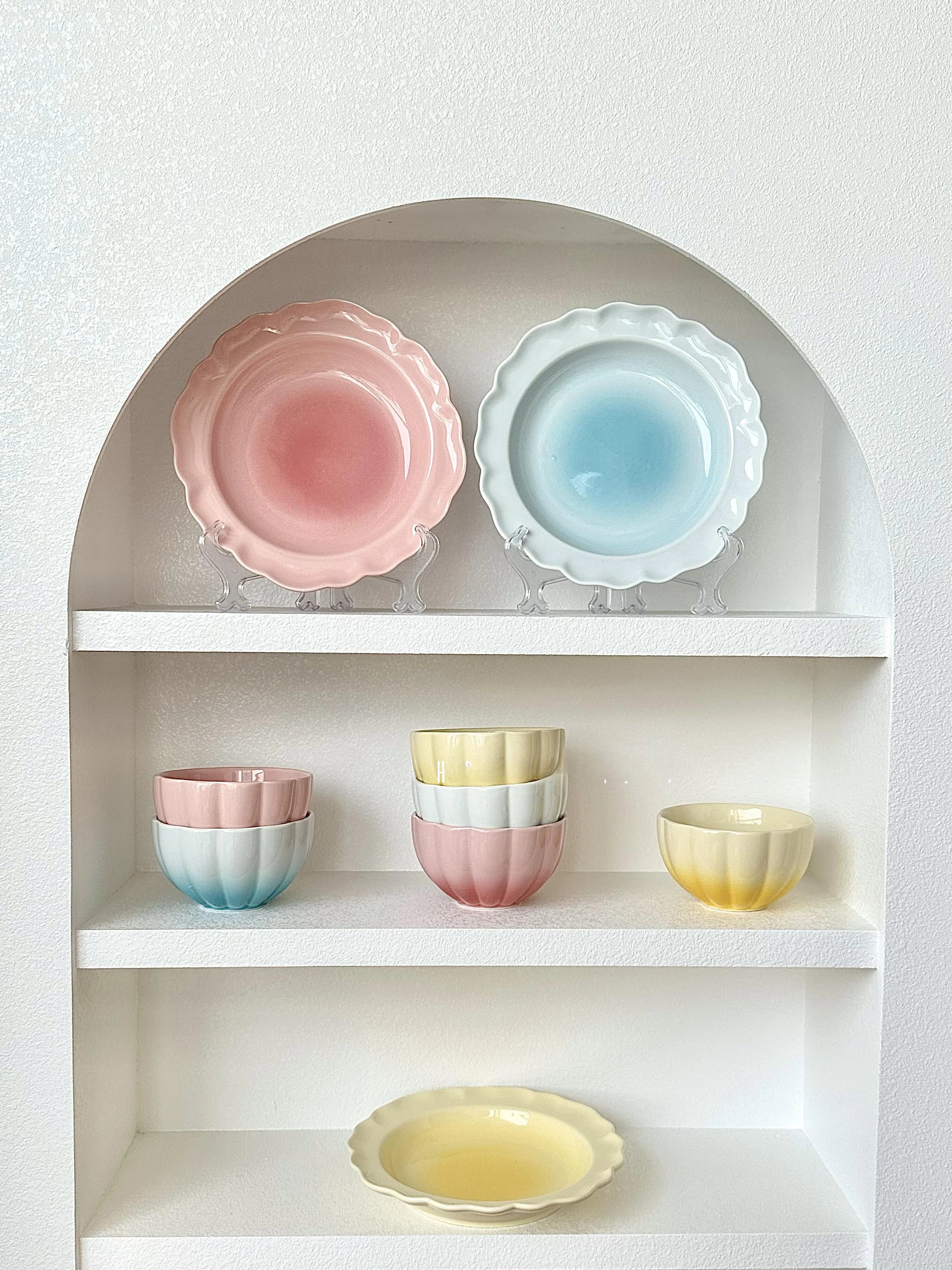 Cute Blush Gradient Plate Dessert Fruits and Vegetables Plate Yogurt Rice Bowl Underglaze Ceramic Tableware Set