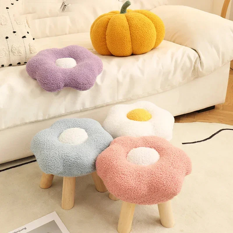 Flower Small Round Stool Ottoman Colorful Small Endurable Wood Round Bench Home Decoration