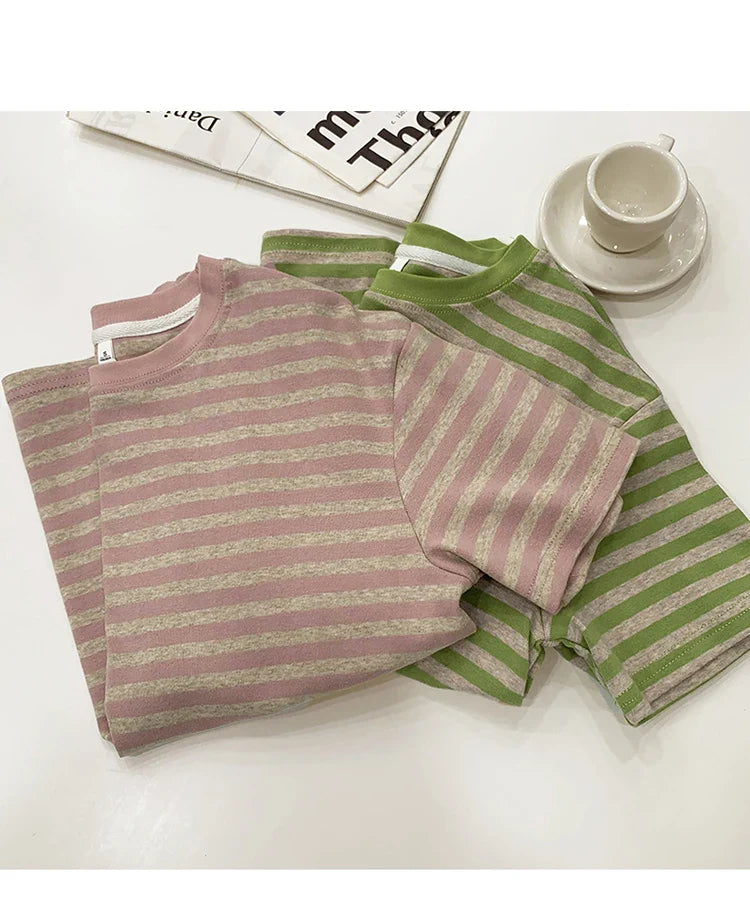Summer Short Sleeve Striped T-Shirts Versatile Women Knitted Basic Casual Tops Female Cozy Loose Cotton Tees