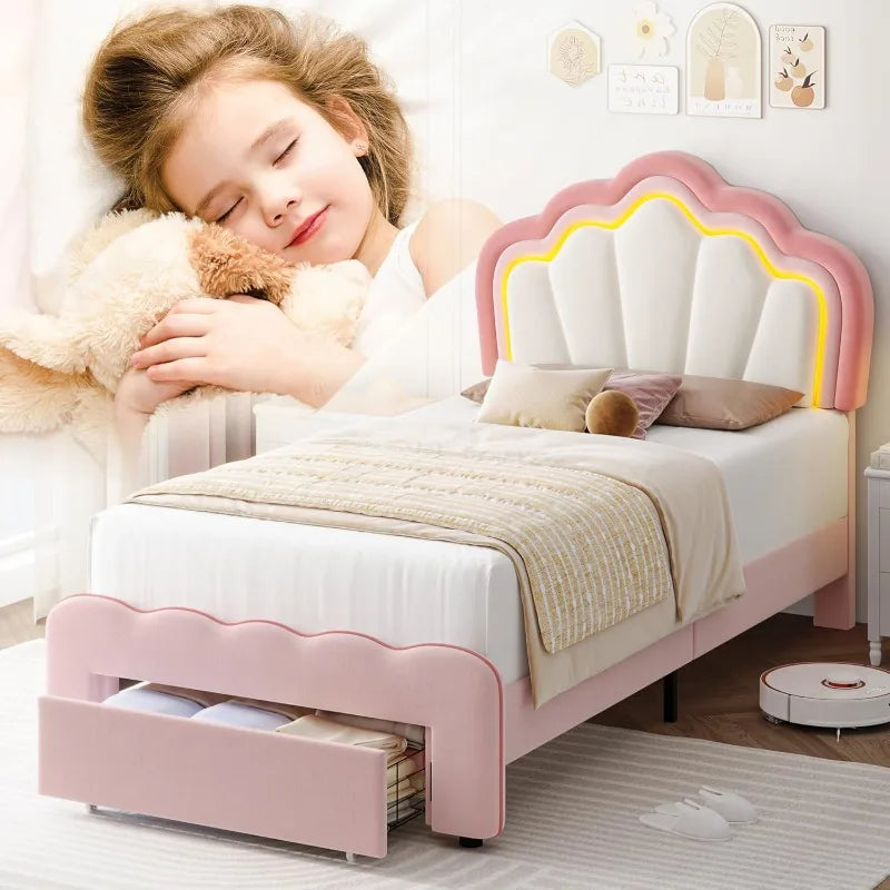 Pink/Beige Twin Upholstered LED Bed Frame with Storage Drawer, Cute Girls Bed, Velvet Princess Platform Bed Frame