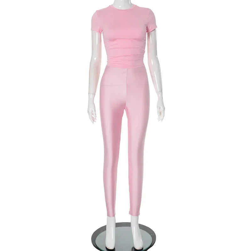 Casual Women 2 Piece Set Tracksuit Shorts Sleeve Crop Tops+Silky Leggings Matching