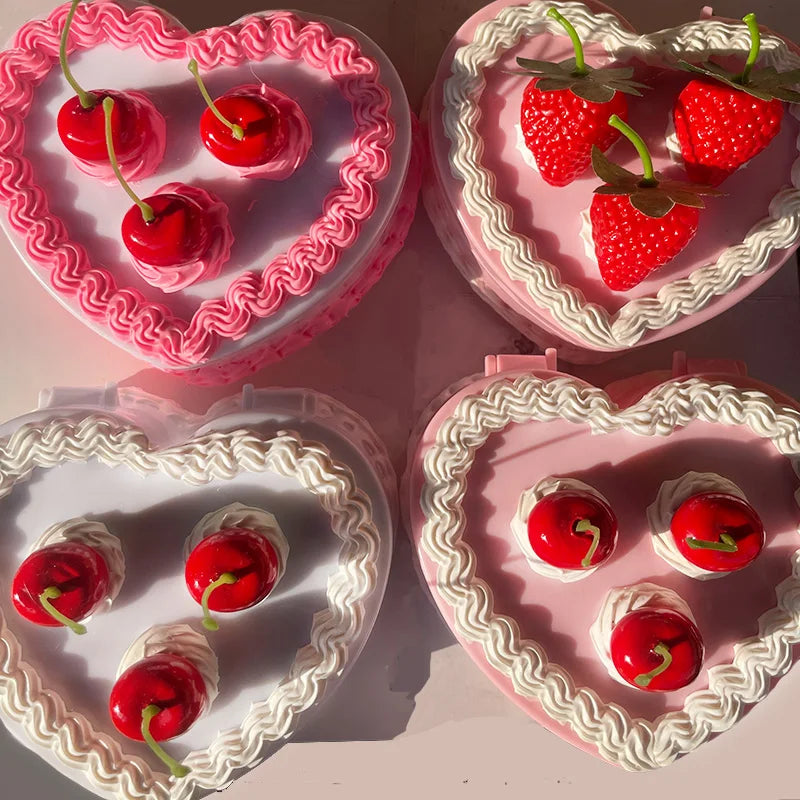 Cherry Heart Storage Box DIY Double Layer Candy Box with Mirror Girl Gift Box Portable Mirror Make Up Organize