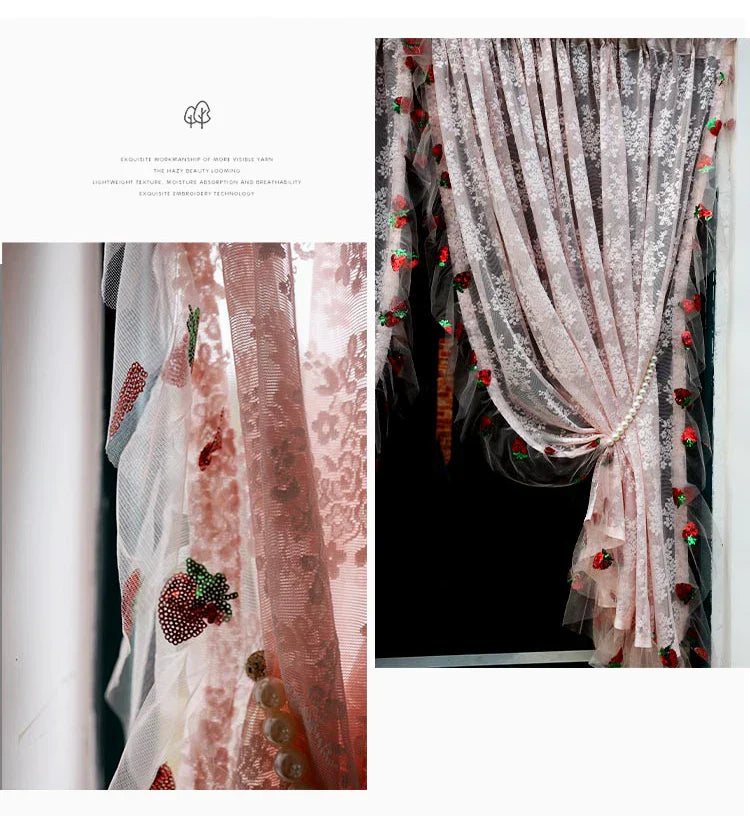 French Pink Lace Cute Strawberry Sequin Lace Curtains